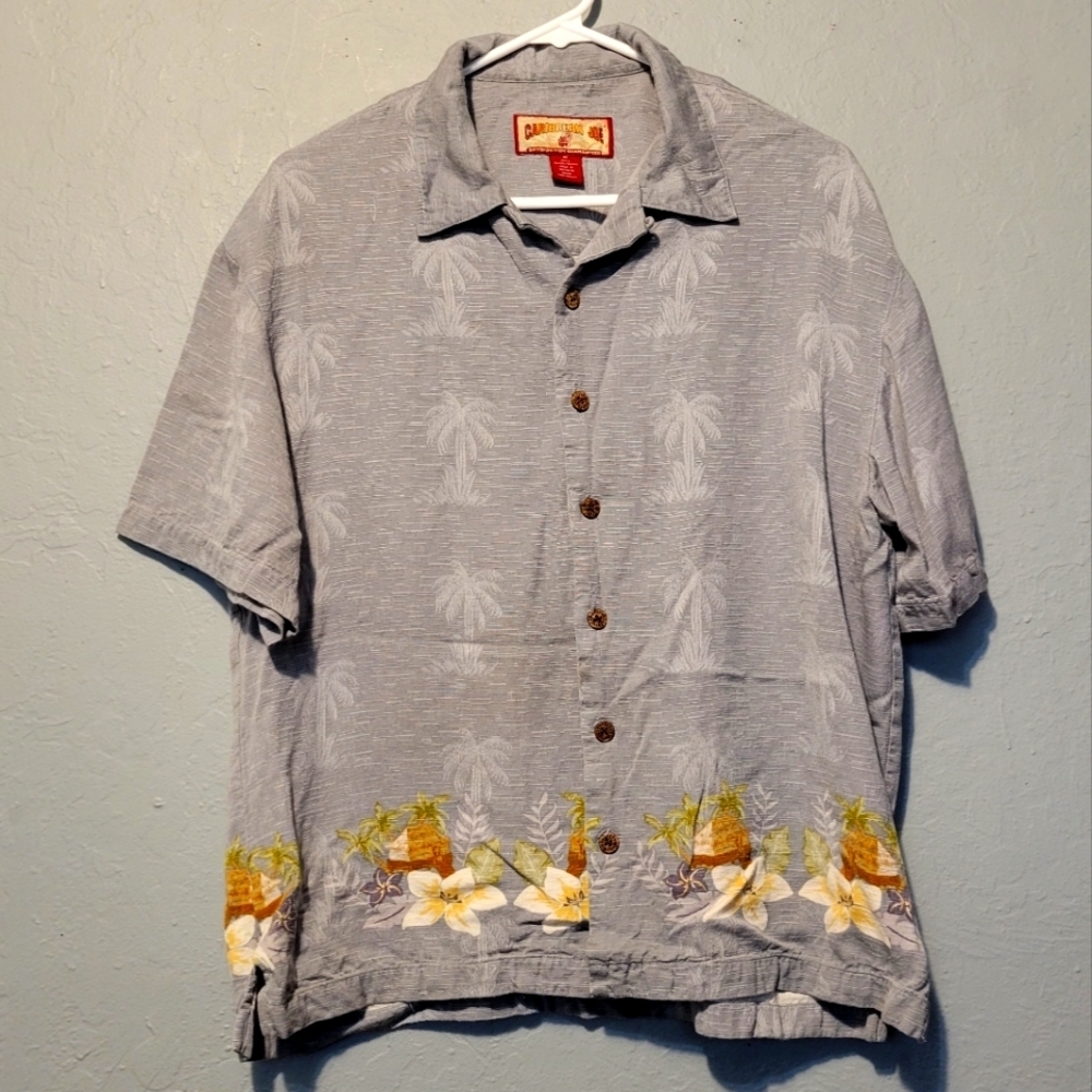 Caribbean Joe Gray Men's Button Down Hawaiian Top Medium